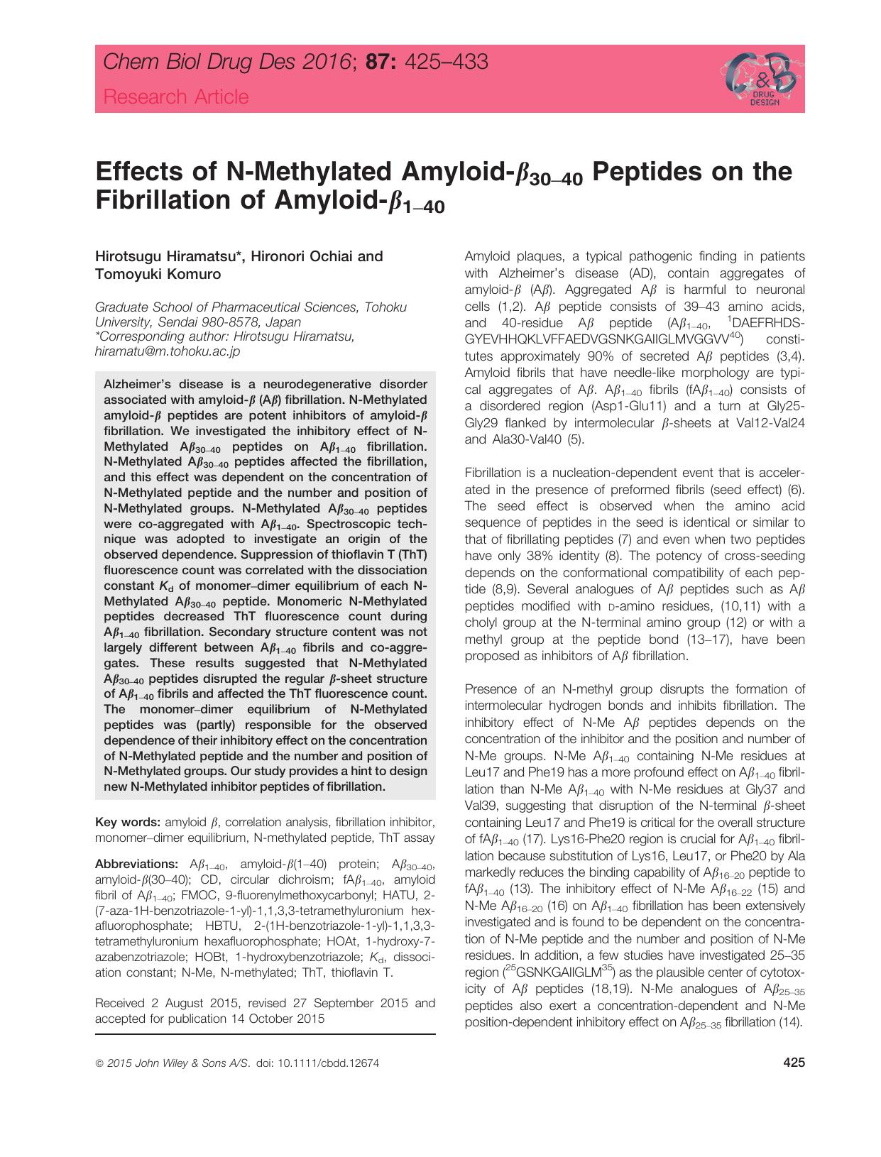 Effects of N&#x2010;Methylated Amyloid&#x2010;&#x03B2;30&#x2013;40 Peptides on the Fibrillation of Amyloid&#x2010;&#x03B2;1&#x2013;40 by unknow