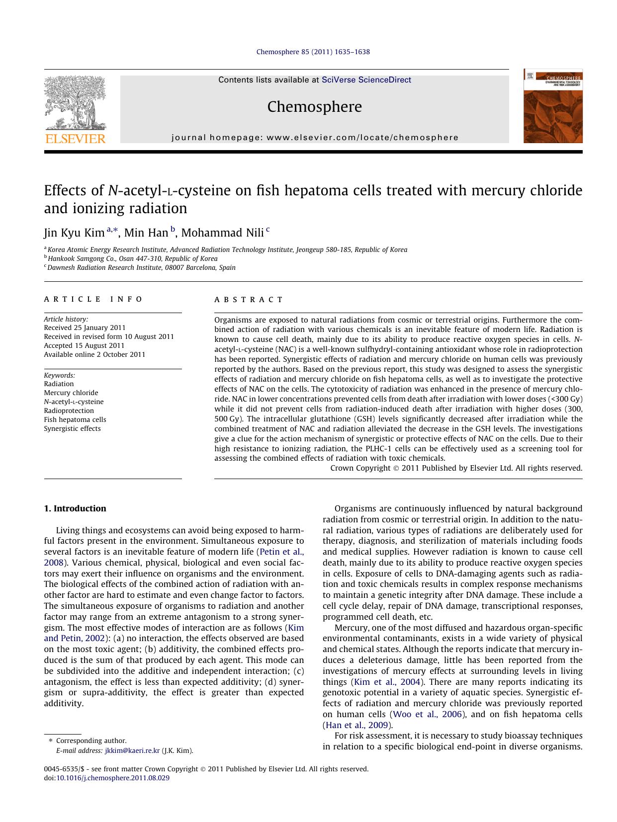 Effects of N-acetyl-l-cysteine on fish hepatoma cells treated with mercury chloride and ionizing radiation by Jin Kyu Kim & Min Han & Mohammad Nili