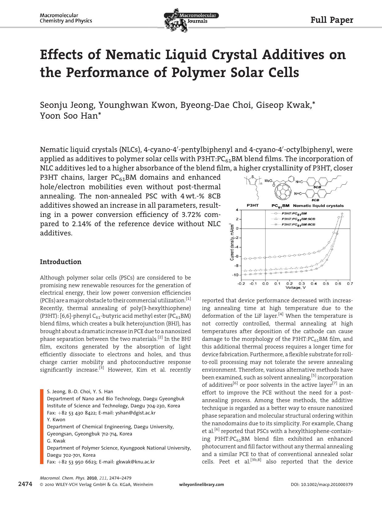 Effects of Nematic Liquid Crystal Additives on the Performance of Polymer Solar Cells by Unknown