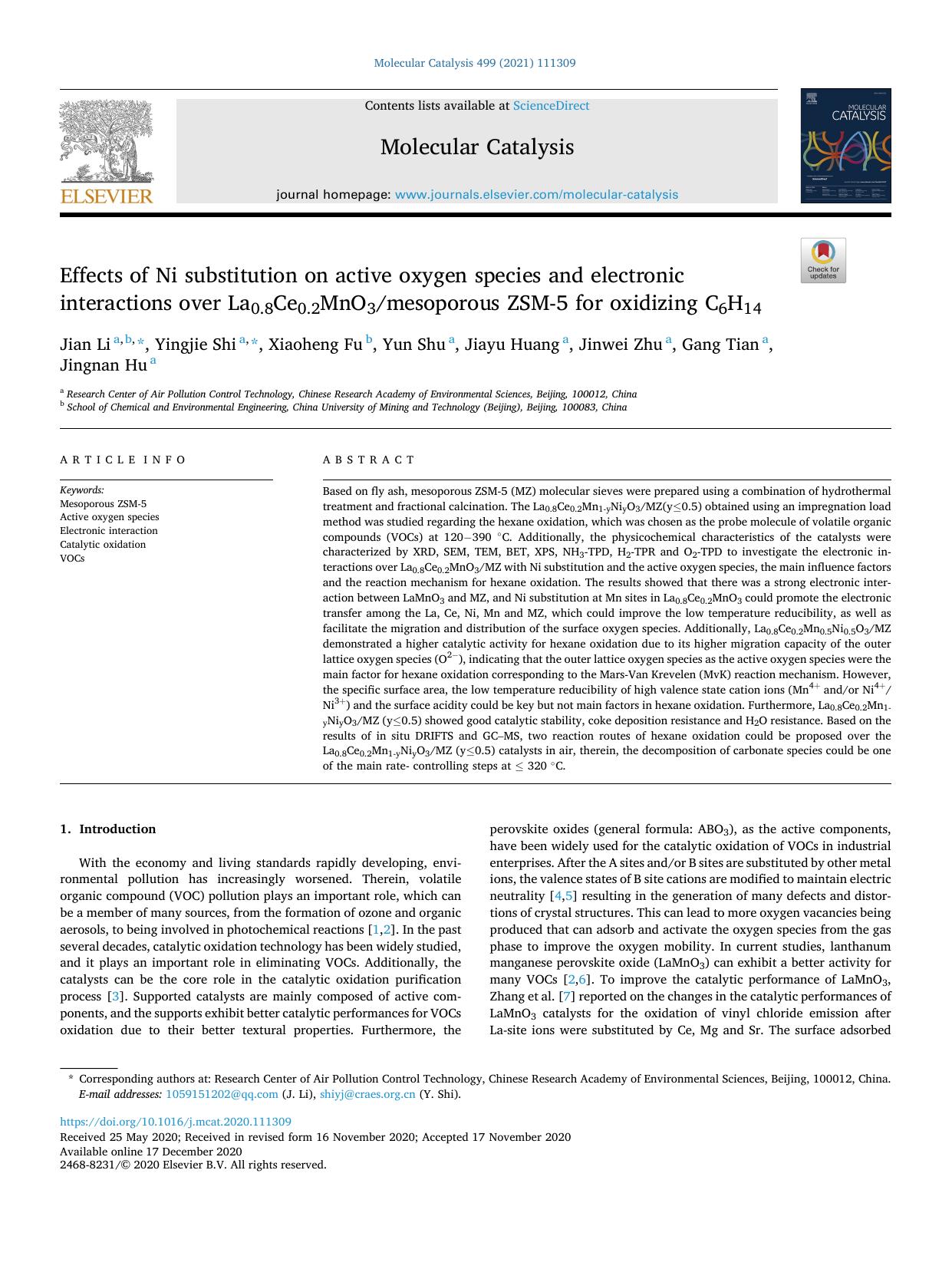 Effects of Ni substitution on active oxygen species and electronic interactions over La0.8Ce0.2MnO3mesoporous ZSM-5 for oxidizing C6H14 by Jian Li & Yingjie Shi & Xiaoheng Fu & Yun Shu & Jiayu Huang & Jinwei Zhu & Gang Tian & Jingnan Hu
