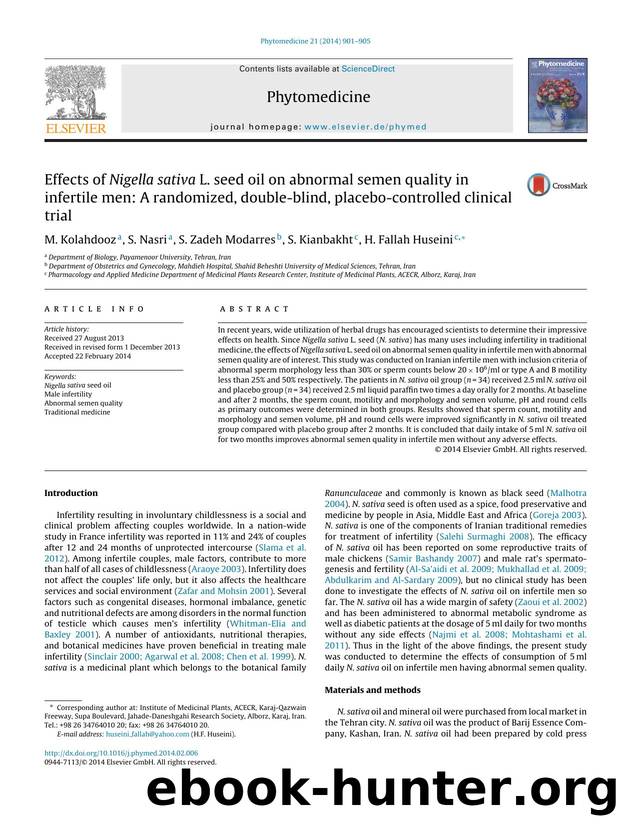 Effects of Nigella sativa L. seed oil on abnormal semen quality in infertile men: A randomized, double-blind, placebo-controlled clinical trial by M. Kolahdooz & S. Nasri & S. Zadeh Modarres & S. Kianbakht & H. Fallah Huseini