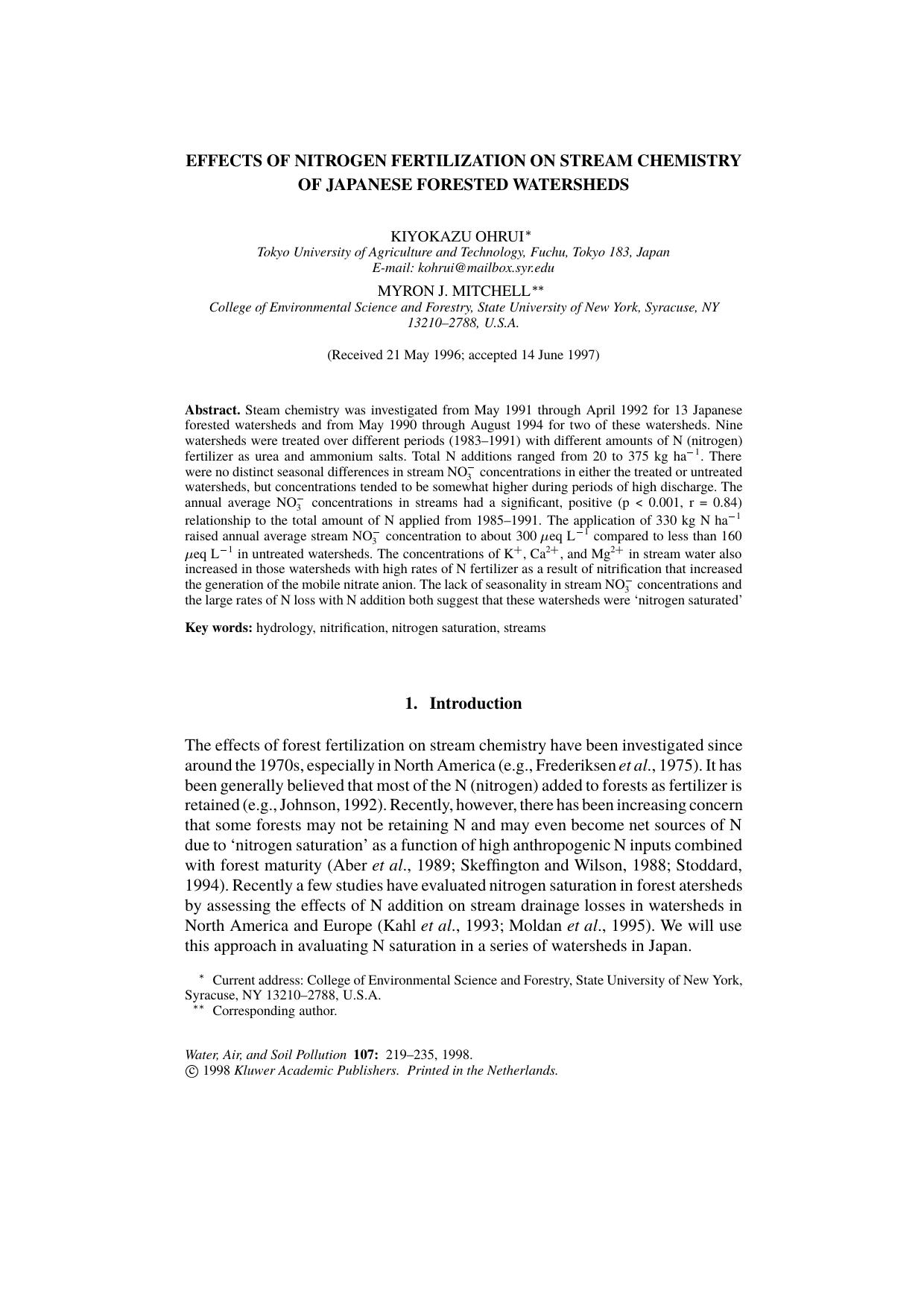 Effects of Nitrogen Fertilization on Stream Chemistry of Japanese Forested Watersheds by Unknown