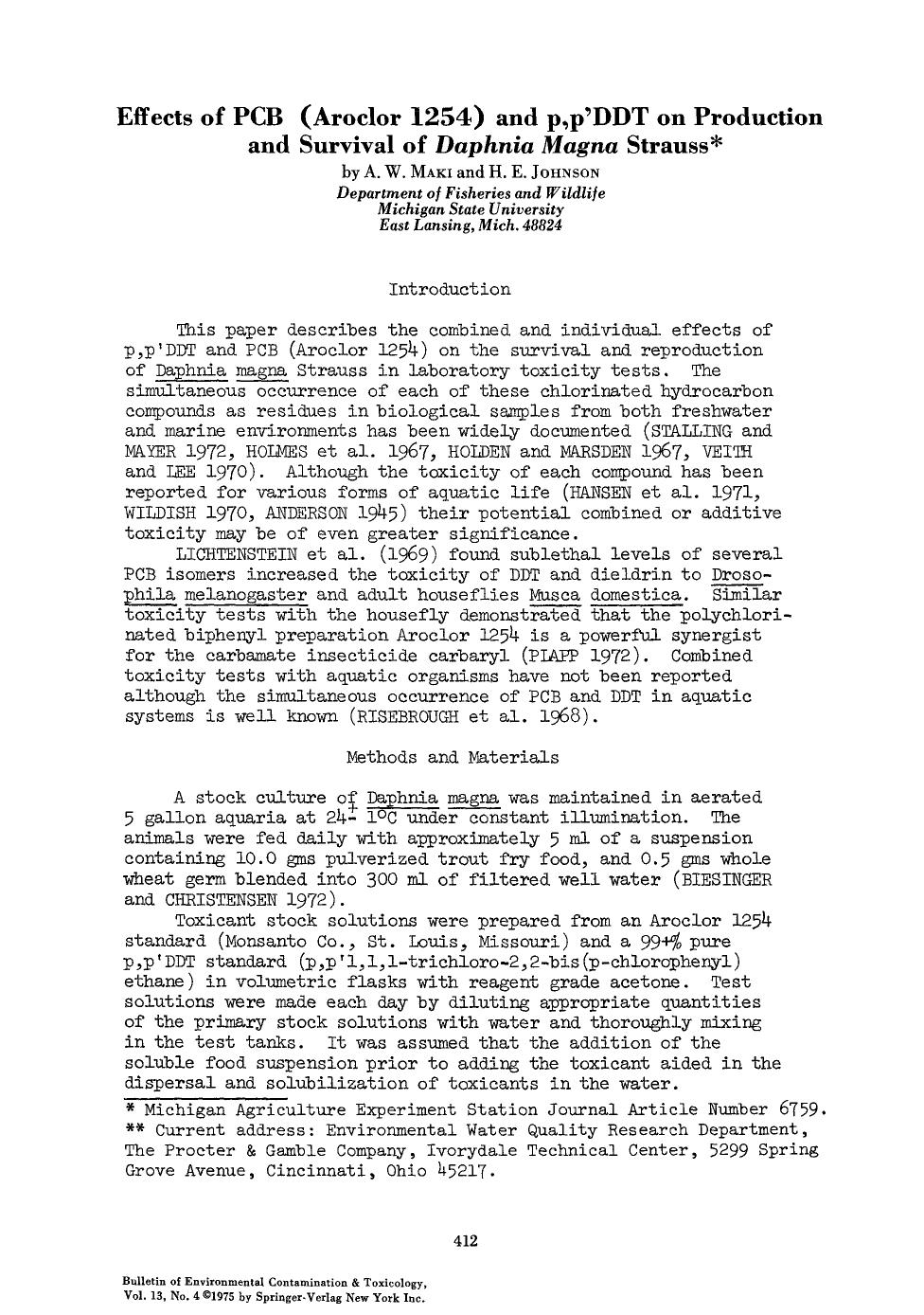 Effects of PCB (aroclor 1254) and p,p'DDT on production and survival of <Emphasis Type="Italic">Daphnia Magna <Emphasis> strauss by Unknown
