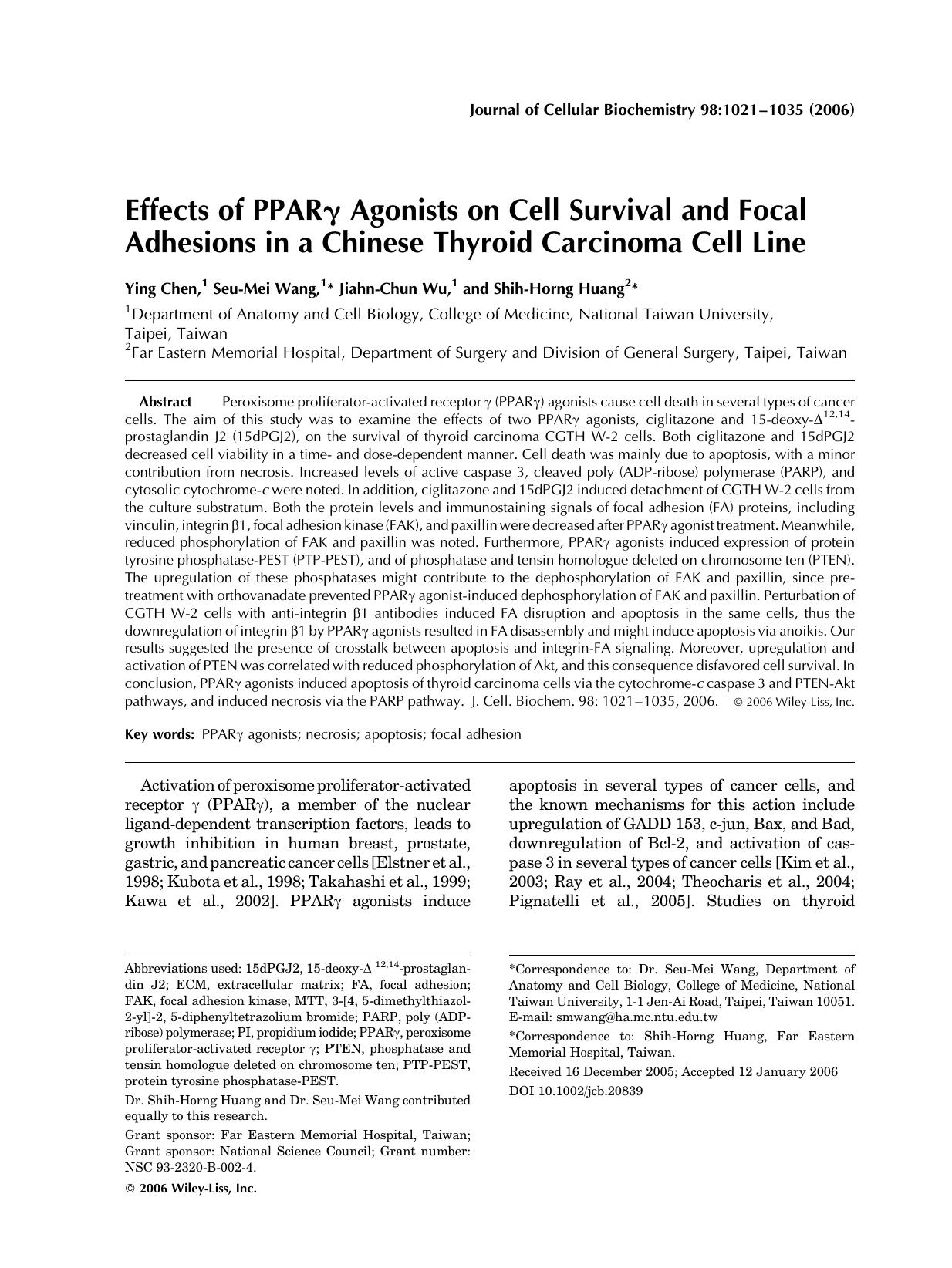 Effects of PPAR[gamma] agonists on cell survival and focal adhesions in a Chinese thyroid carcinoma cell line by Unknown