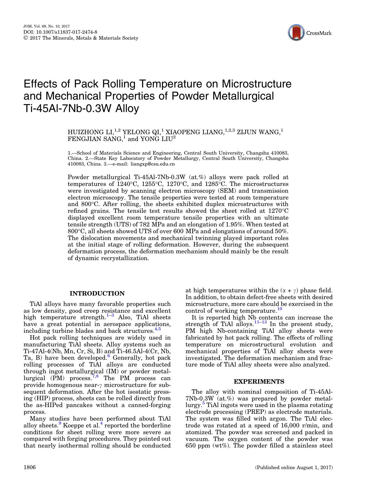 Effects of Pack Rolling Temperature on Microstructure and Mechanical Properties of Powder Metallurgical Ti-45Al-7Nb-0.3W Alloy by Huizhong Li & Yelong Qi & Xiaopeng Liang & Zijun Wang & Fengjian Sang & Yong Liu