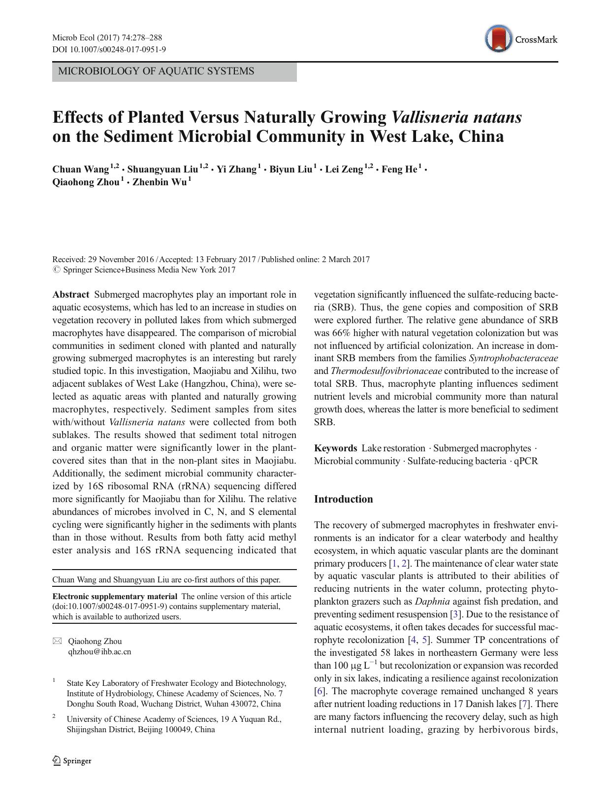 Effects of Planted Versus Naturally Growing Vallisneria natans on the Sediment Microbial Community in West Lake, China by Chuan Wang & Shuangyuan Liu & Yi Zhang & Biyun Liu & Lei Zeng & Feng He & Qiaohong Zhou & Zhenbin Wu