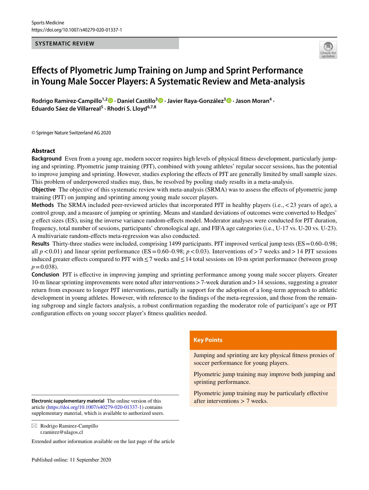 Effects of Plyometric Jump Training on Jump and Sprint Performance in Young Male Soccer Players: A Systematic Review and Meta-analysis by unknow