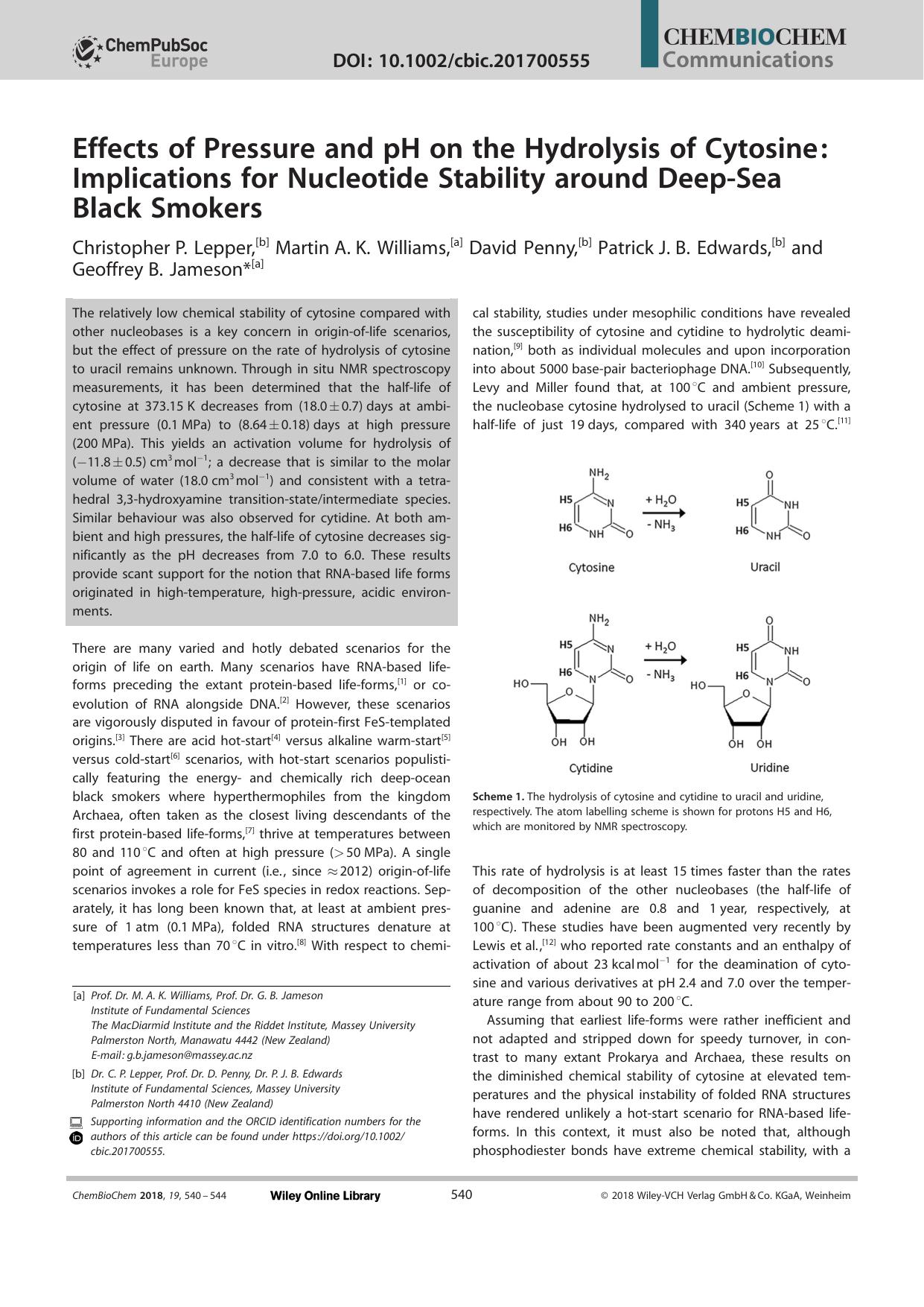 Effects of Pressure and pH on the Hydrolysis of Cytosine: Implications for Nucleotide Stability around DeepâSea Black Smokers by Unknown