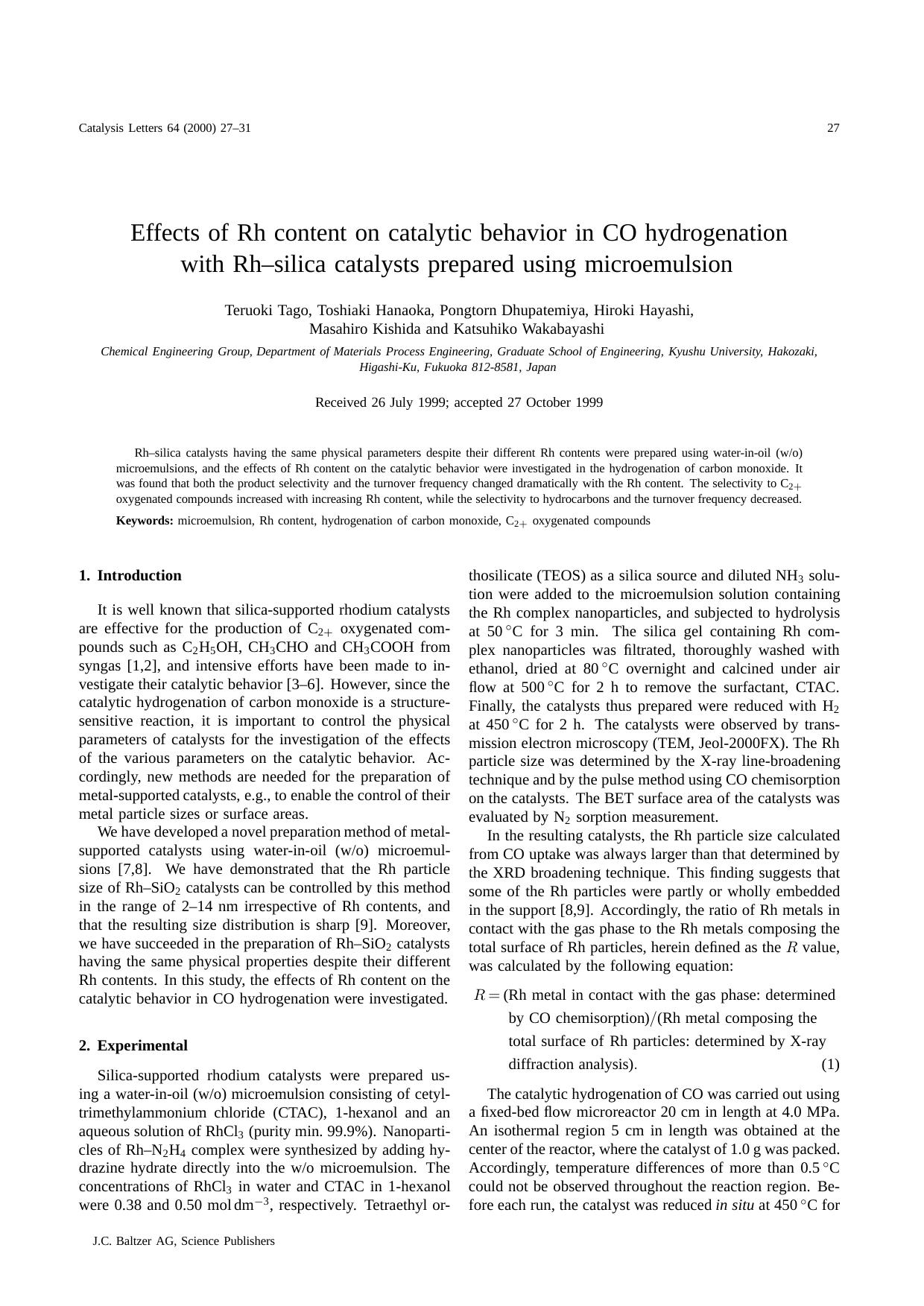 Effects of Rh content on catalytic behavior in CO hydrogenation with Rh–silica catalysts prepared using microemulsion by Unknown