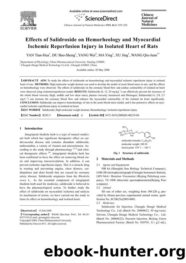 Effects of Salidroside on Hemorheology and Myocardial Ischemic Reperfusion Injury in Isolated Heart of Rats by YAN; Tian-Hua DU; Bao-Sheng YANG; Wei MA; Ying XU; Jing WANG