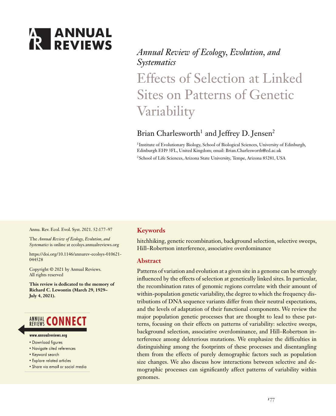 Effects of Selection at Linked Sites on Patterns of Genetic Variability by Brian Charlesworth and Jeffrey D. Jensen