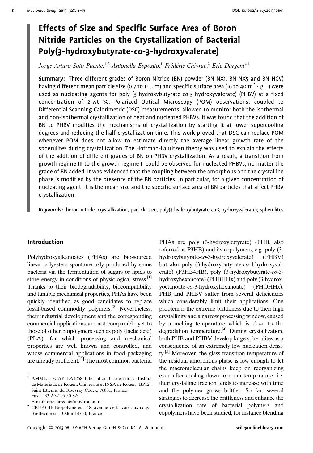 Effects of Size and Specific Surface Area of Boron Nitride Particles on the Crystallization of Bacterial Poly(3hydroxybutyrateco3hydroxyvalerate) by Unknown
