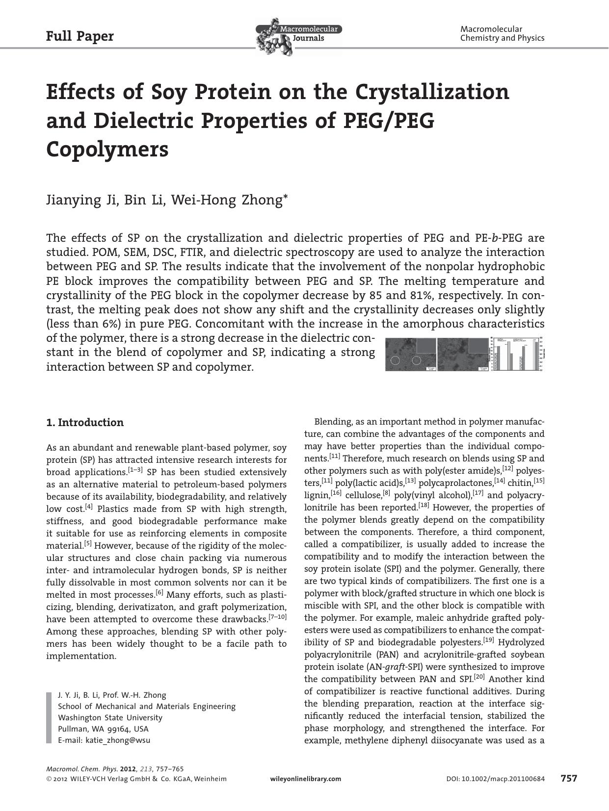 Effects of Soy Protein on the Crystallization and Dielectric Properties of PEGPEG Copolymers by vng