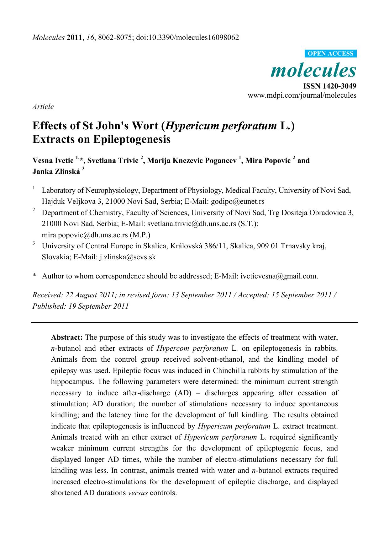 Effects of St John's Wort (Hypericum perforatum L.) Extracts on Epileptogenesis by Vesna Ivetic & Svetlana Trivic & Marija Knezevic Pogancev & Mira Popovic & Janka Zlinská