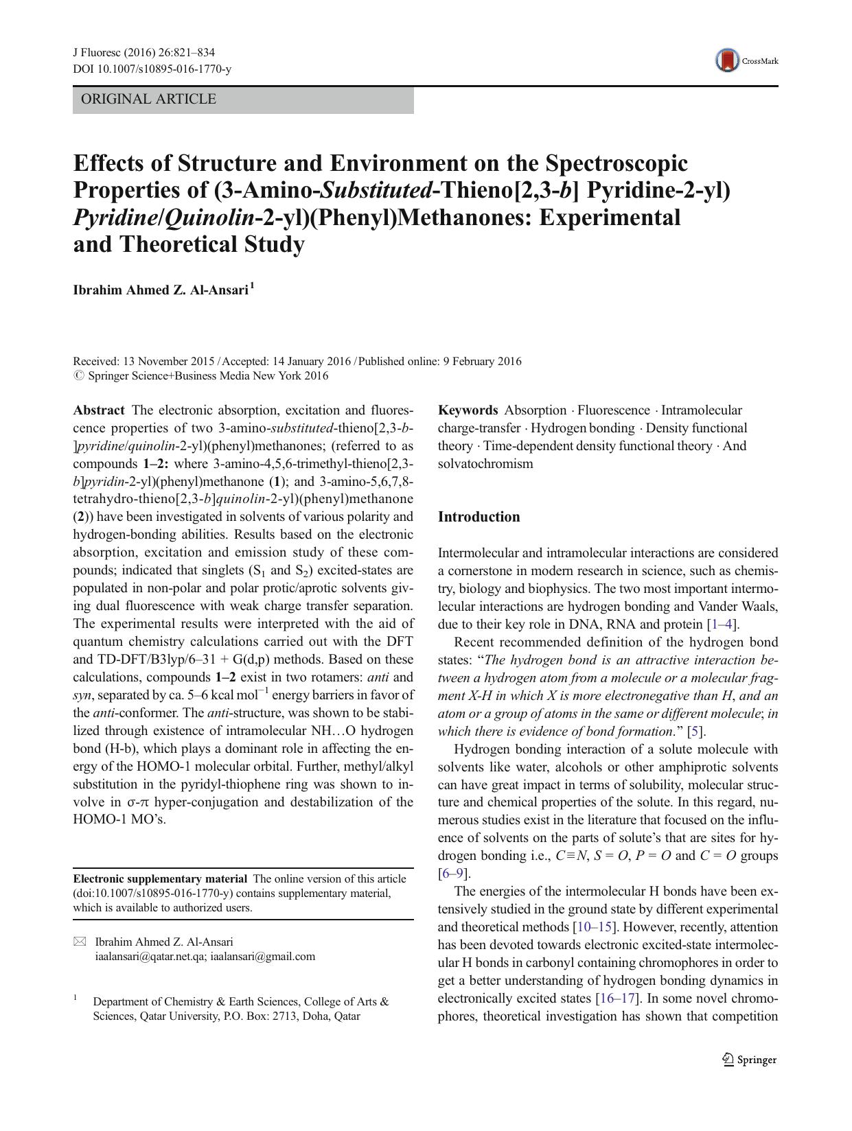 Effects of Structure and Environment on the Spectroscopic Properties of (3-Amino-Substituted-Thieno[2,3-b] Pyridine-2-yl)PyridineQuinolin-2-yl)(Phenyl)Methanones: Experimental and Theoretical Study by Ibrahim Ahmed Z. Al-Ansari