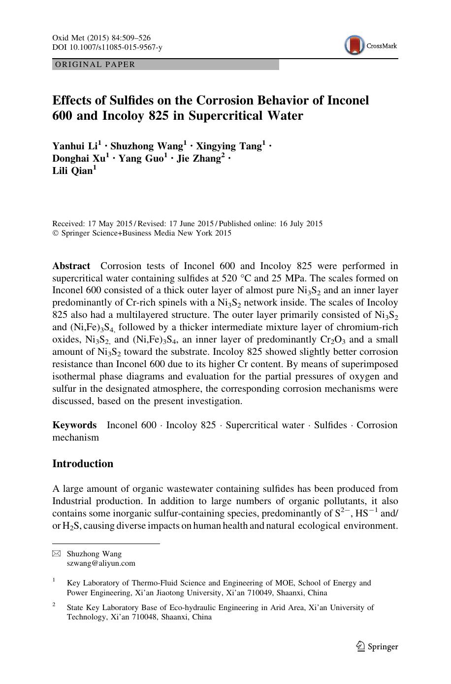 Effects of Sulfides on the Corrosion Behavior of Inconel 600 and Incoloy 825 in Supercritical Water by Yanhui Li & Shuzhong Wang & Xingying Tang & Donghai Xu & Yang Guo & Jie Zhang & Lili Qian