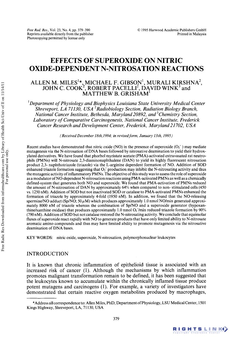 Effects of Superoxide on Nitric Oxide-Dependent N-Nitrosation Reactions by unknow