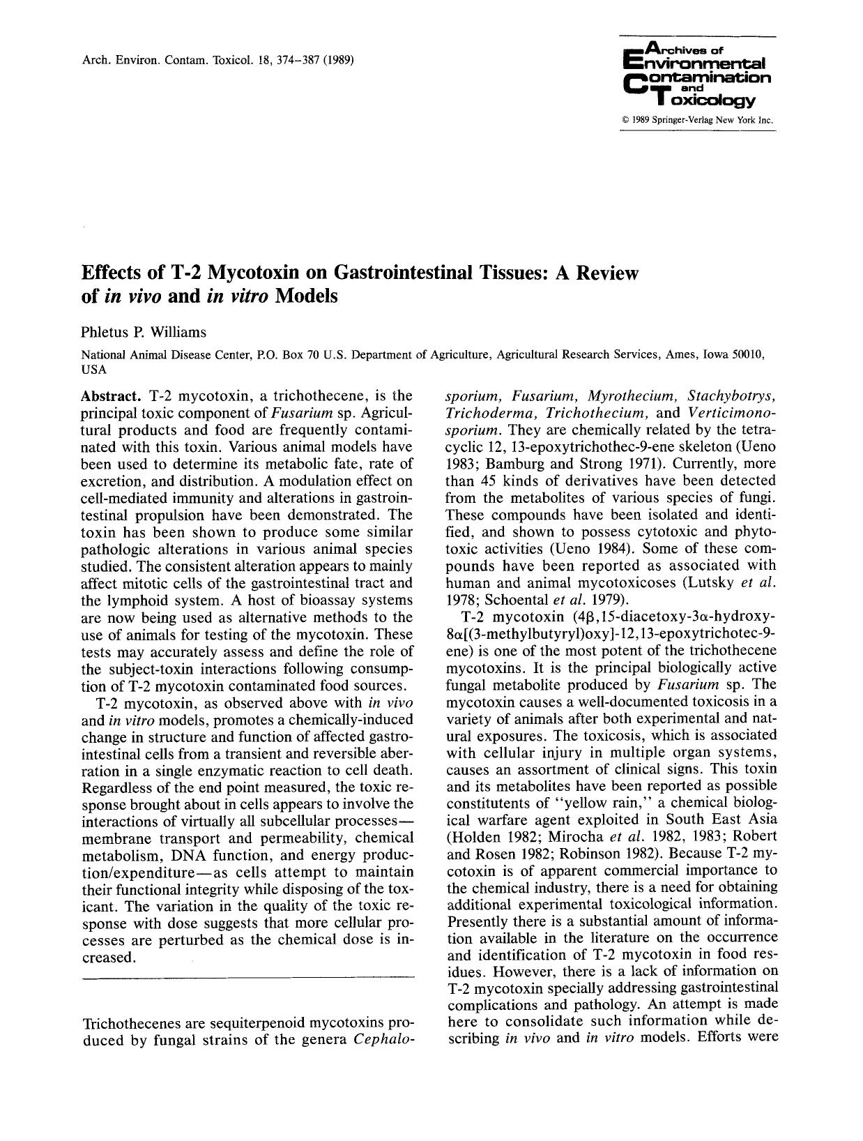 Effects of T-2 mycotoxin on gastrointestinal tissues: A Review of <Emphasis Type="Italic">in vivo <Emphasis> and <Emphasis Type="Italic">in vitro <Emphasis> models by Unknown