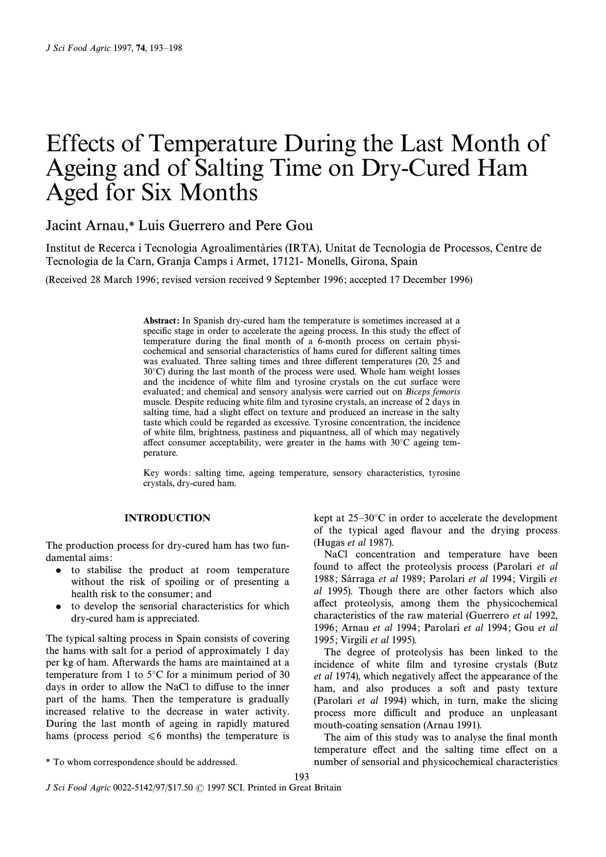 Effects of Temperature During the Last Month of Ageing and of Salting Time on Dry-Cured Ham Aged for Six Months by Unknown
