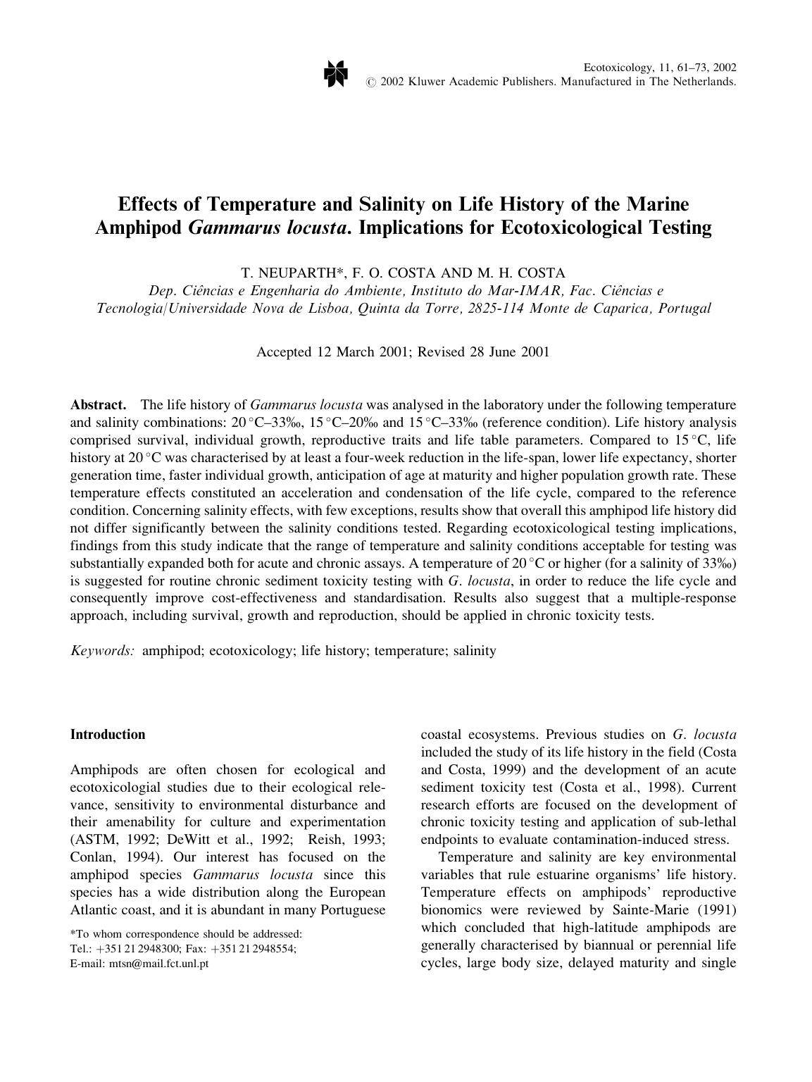 Effects of Temperature and Salinity on Life History of the Marine Amphipod <Emphasis Type="Italic">Gammarus locusta.<Emphasis> Implications for Ecotoxicological Testing by Unknown