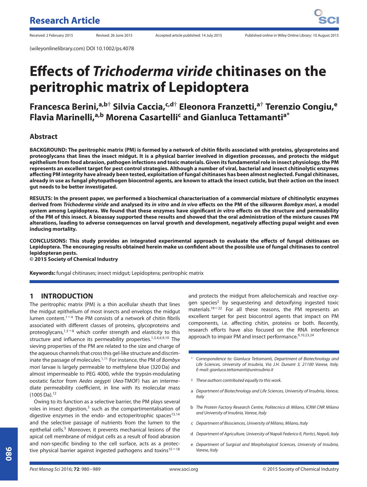 Effects of Trichoderma viride chitinases on the peritrophic matrix of Lepidoptera by Unknown