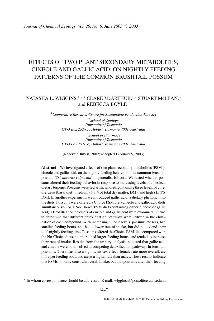 Effects of Two Plant Secondary Metabolites, Cineole and Gallic Acid, on Nightly Feeding Patterns of the Common Brushtail Possum by Unknown