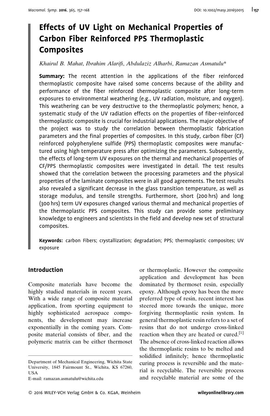 Effects of UV Light on Mechanical Properties of Carbon Fiber Reinforced PPS Thermoplastic Composites by Unknown