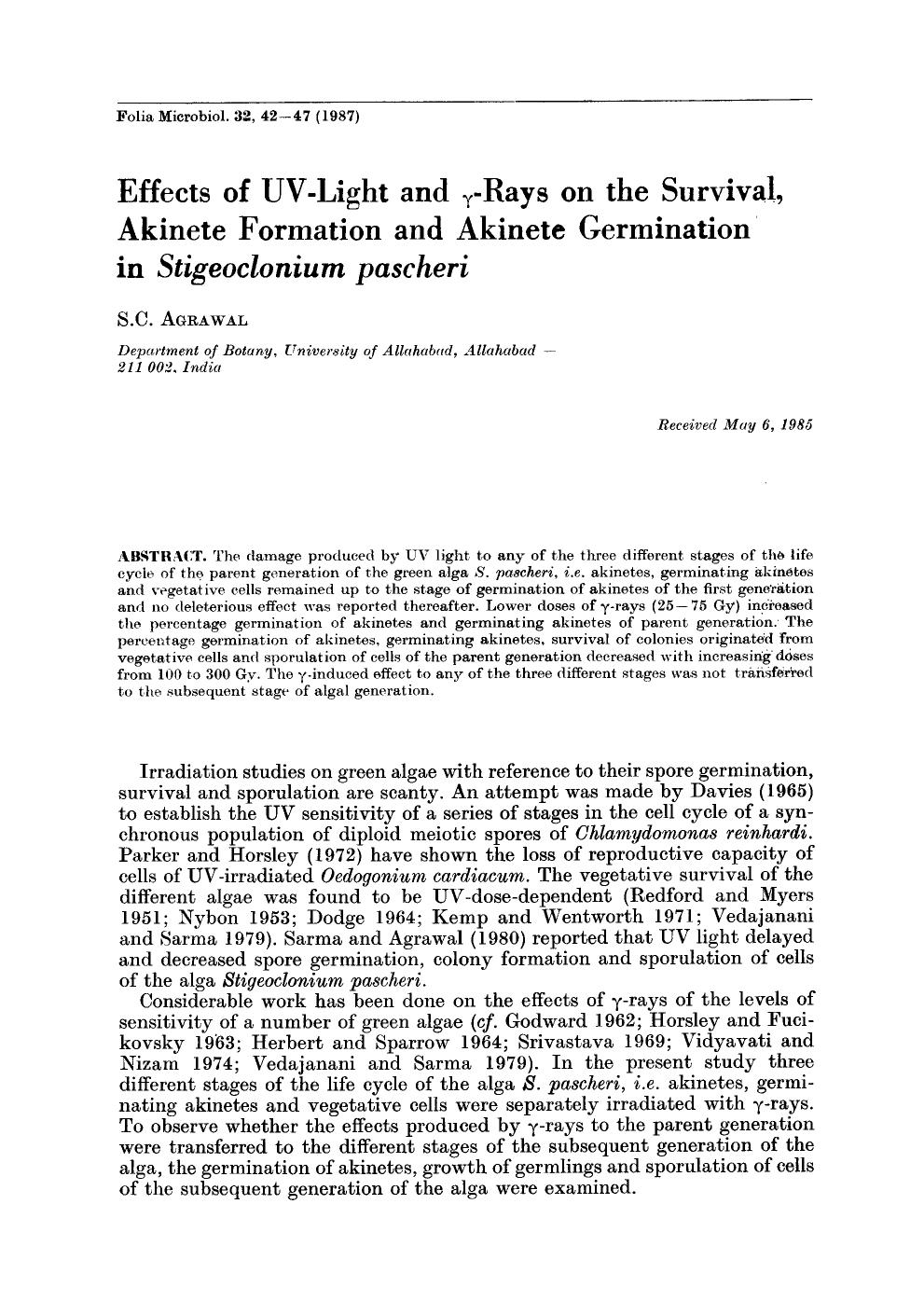 Effects of UV-light and <Subscript>&#x03B3; <Subscript>-rays on the survival, akinete formation and akinete germination in <Emphasis Type="Italic">Stigeoclonium pascheri <Emphasis> by Unknown