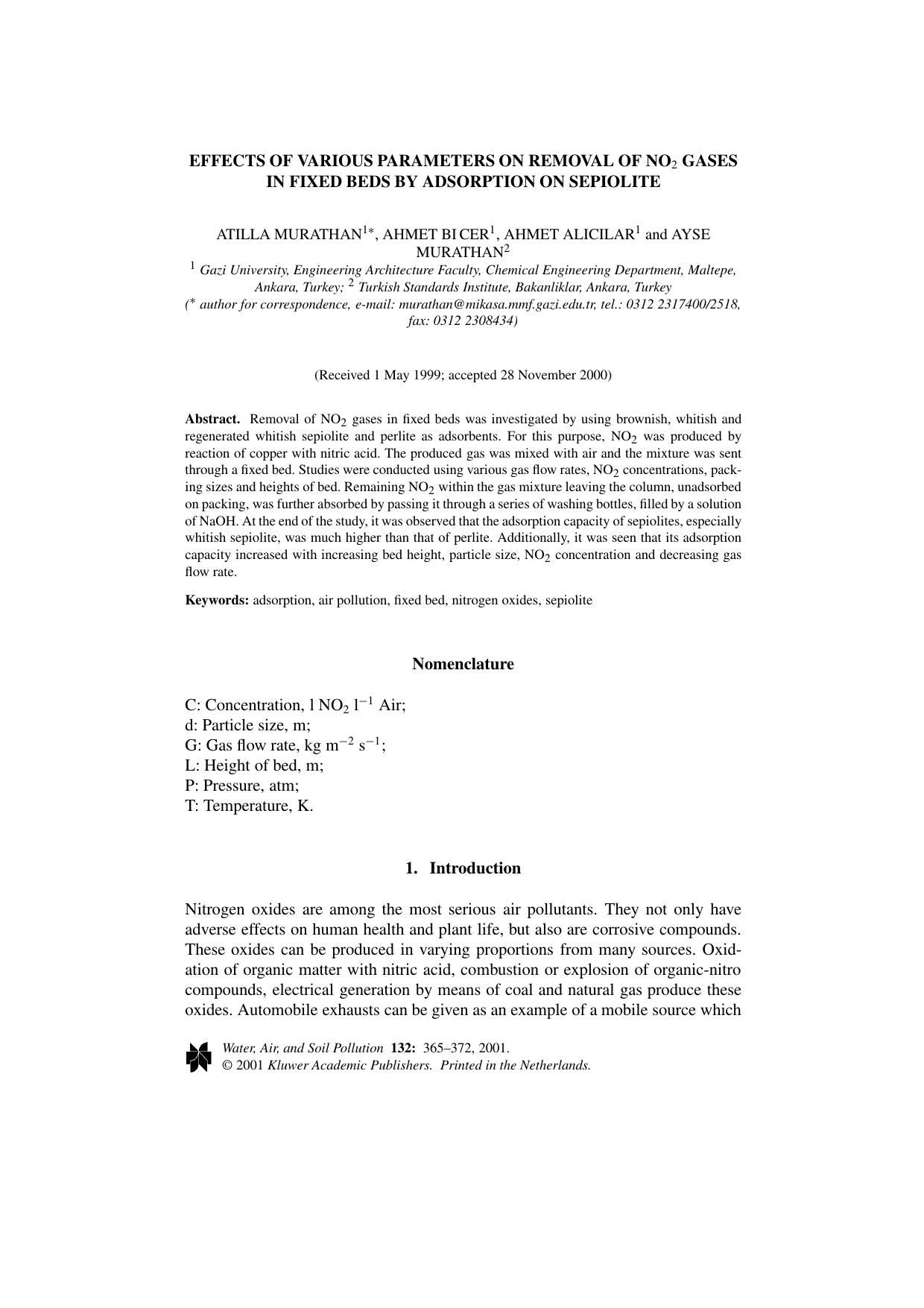 Effects of Various Parameters on Removal of NO2 Gases in Fixed Beds by Adsorption on Sepiolite by Unknown