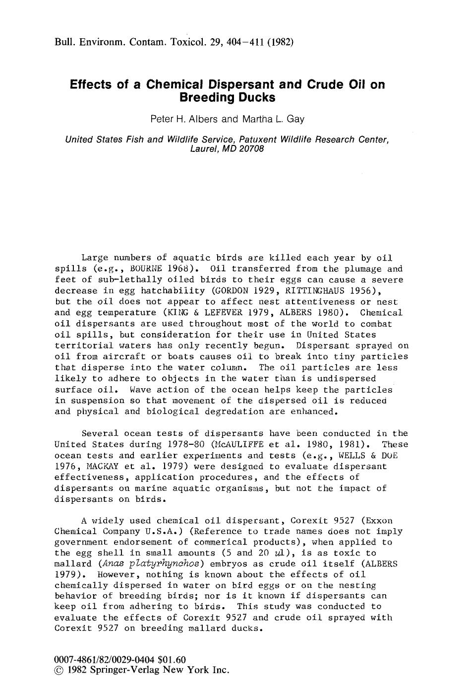Effects of a chemical dispersant and crude oil on breeding ducks by Unknown