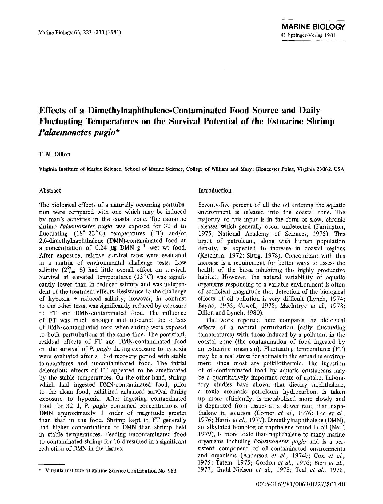 Effects of a dimethylnaphthalene-contaminated food source and daily fluctuating temperatures on the survival potential of the estuarine shrimp <Emphasis Type="Italic">Palaemonetes pugio<Emphasis> by Unknown