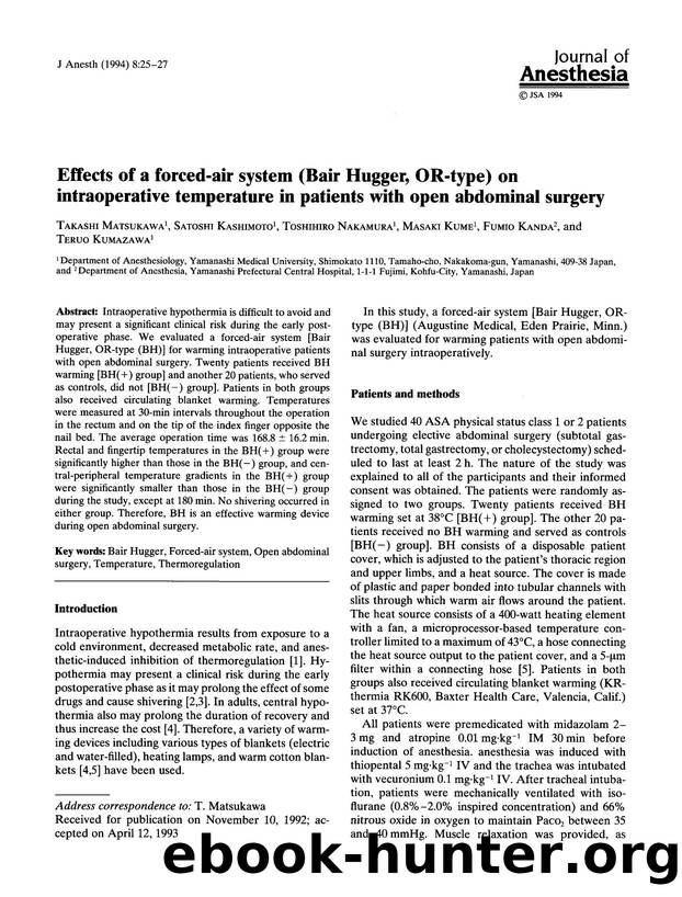 Effects of a forced-air system (Bair Hugger, OR-type) on intraoperative temperature in patients with open abdominal surgery by Unknown