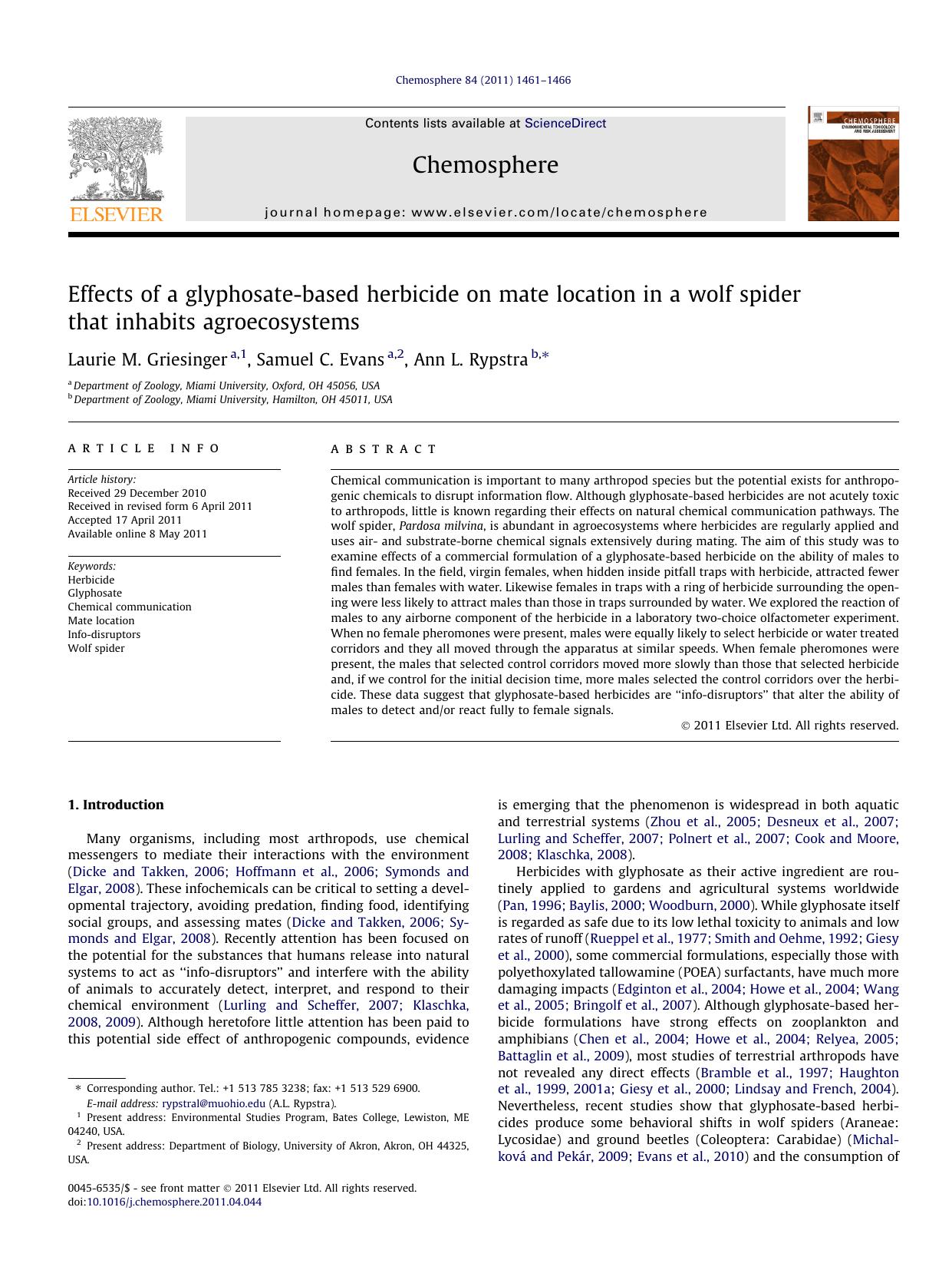 Effects of a glyphosate-based herbicide on mate location in a wolf spider that inhabits agroecosystems by Laurie M. Griesinger & Samuel C. Evans & Ann L. Rypstra