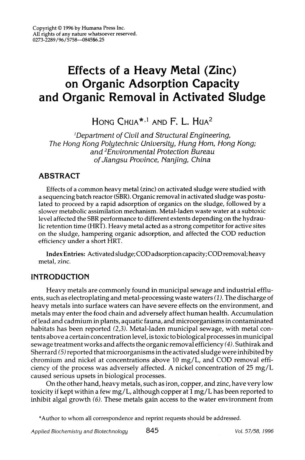 Effects of a heavy metal (zinc) on organic adsorption capacity and organic removal in activated sludge by Unknown