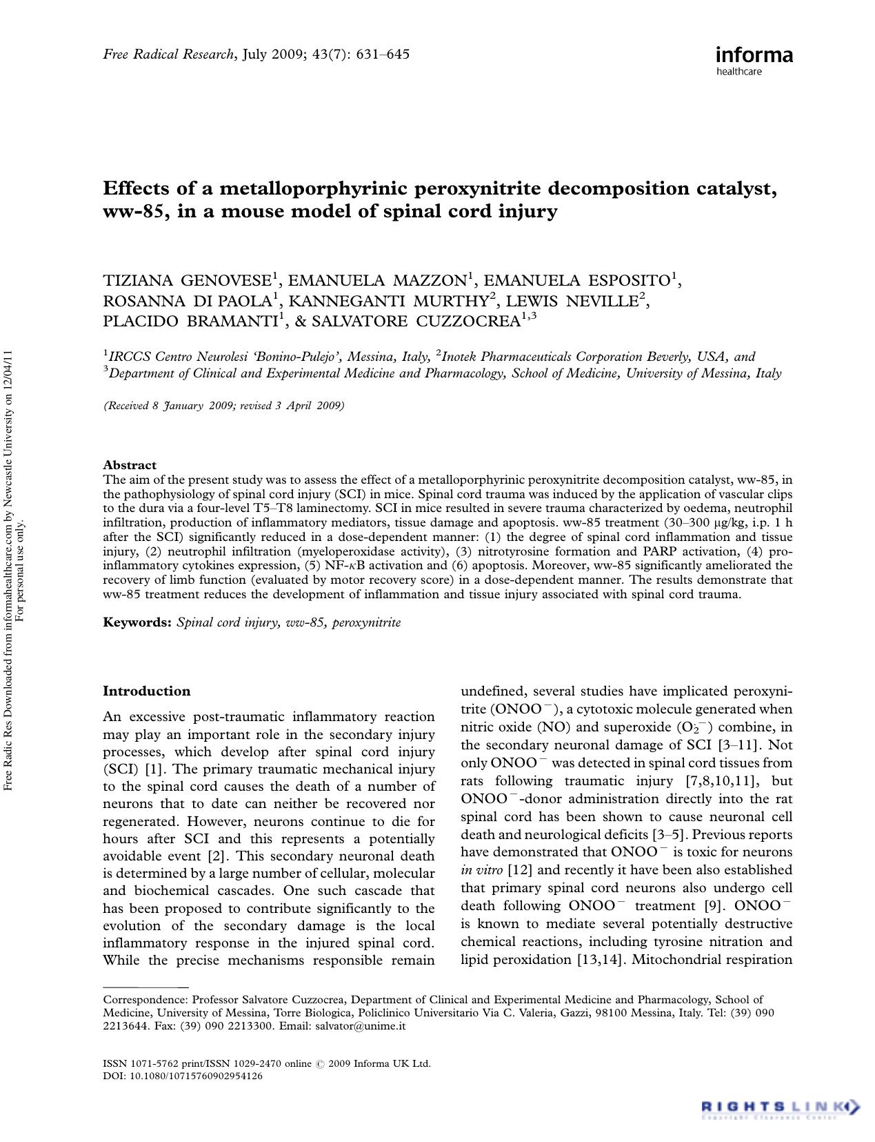 Effects of a metalloporphyrinic peroxynitrite decomposition catalyst, ww-85, in a mouse model of spinal cord injury by unknow