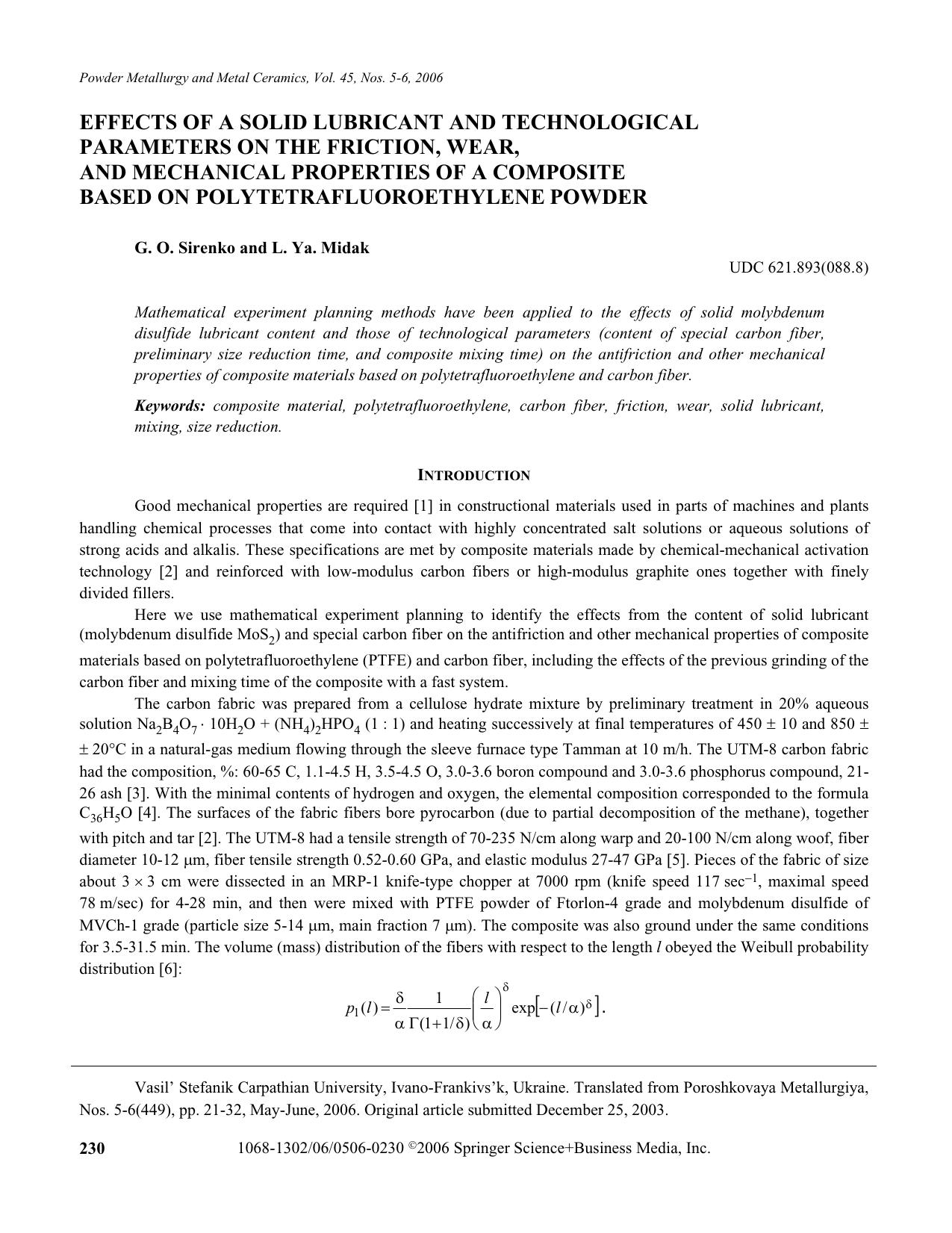 Effects of a solid lubricant and technological parameters on the friction, wear, and mechanical properties of a composite based on polytetrafluoroethylene powder by Unknown