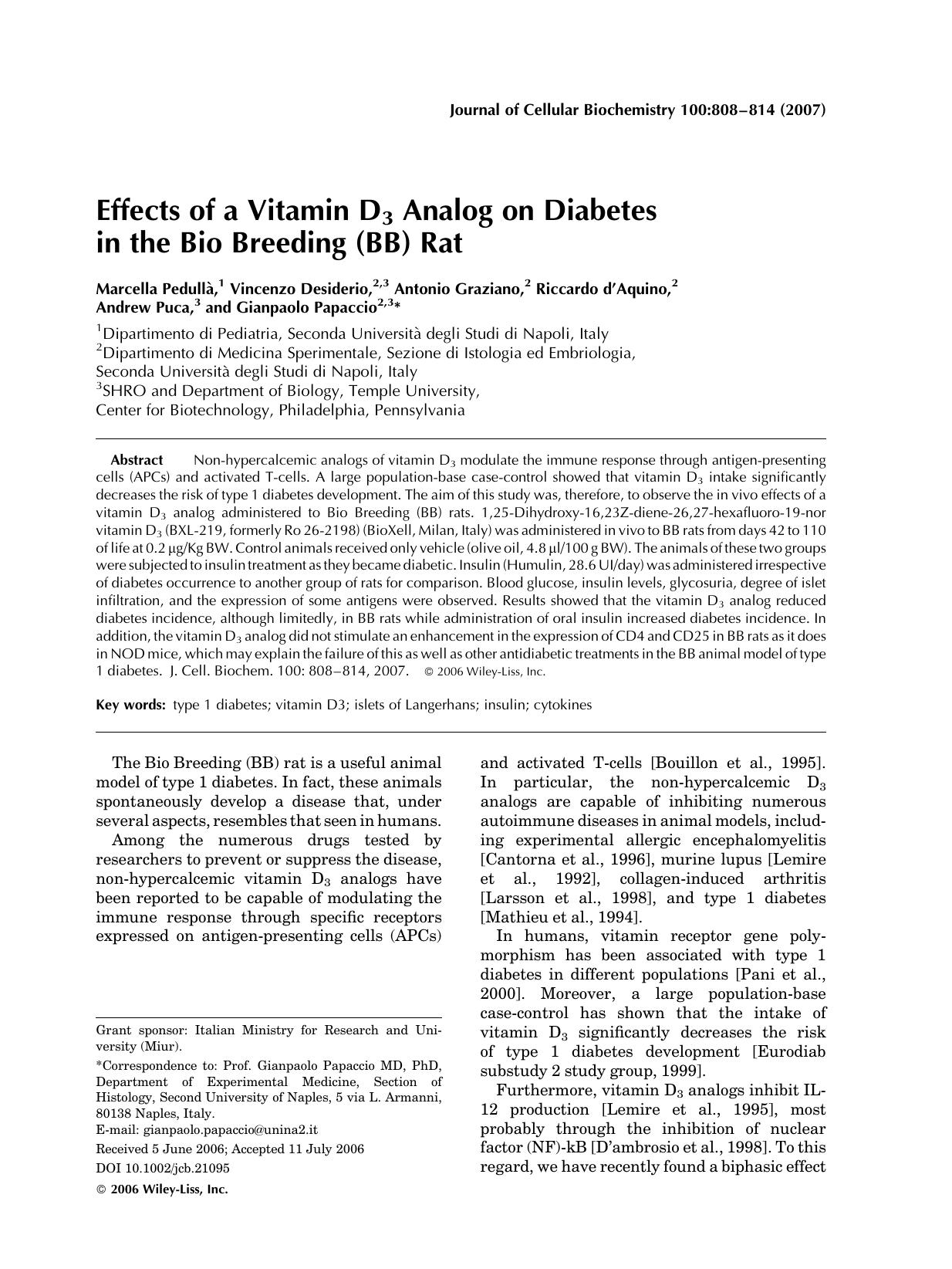 Effects of a vitamin D3 analog on diabetes in the bio breeding (BB) rat by Unknown