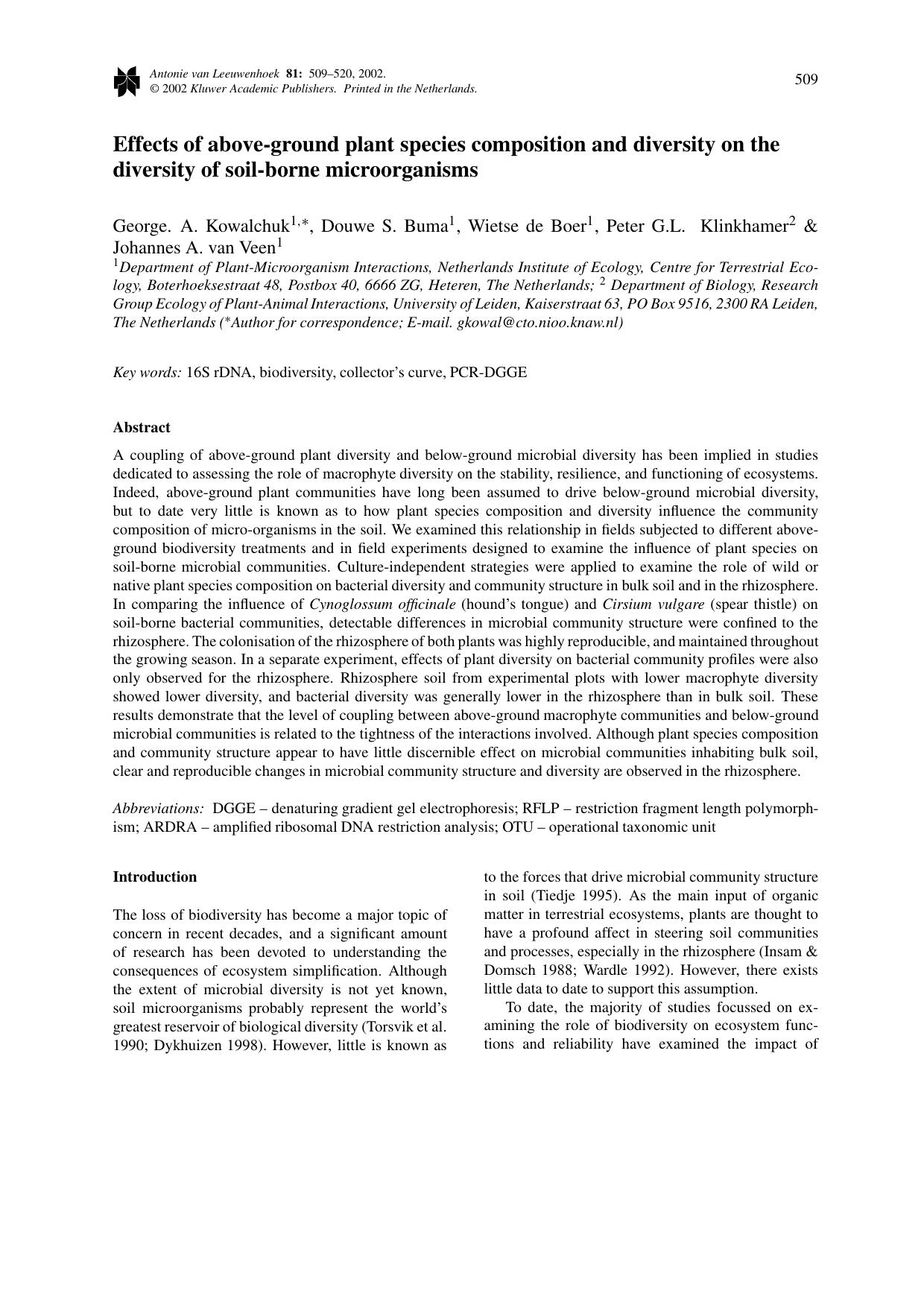 Effects of above-ground plant species composition and diversity on the diversity of soil-borne microorganisms by Unknown