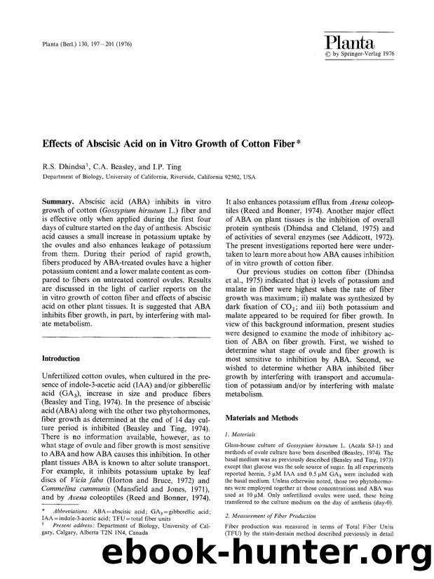 Effects of abscisic acid on in vitro growth of cotton fiber by Unknown