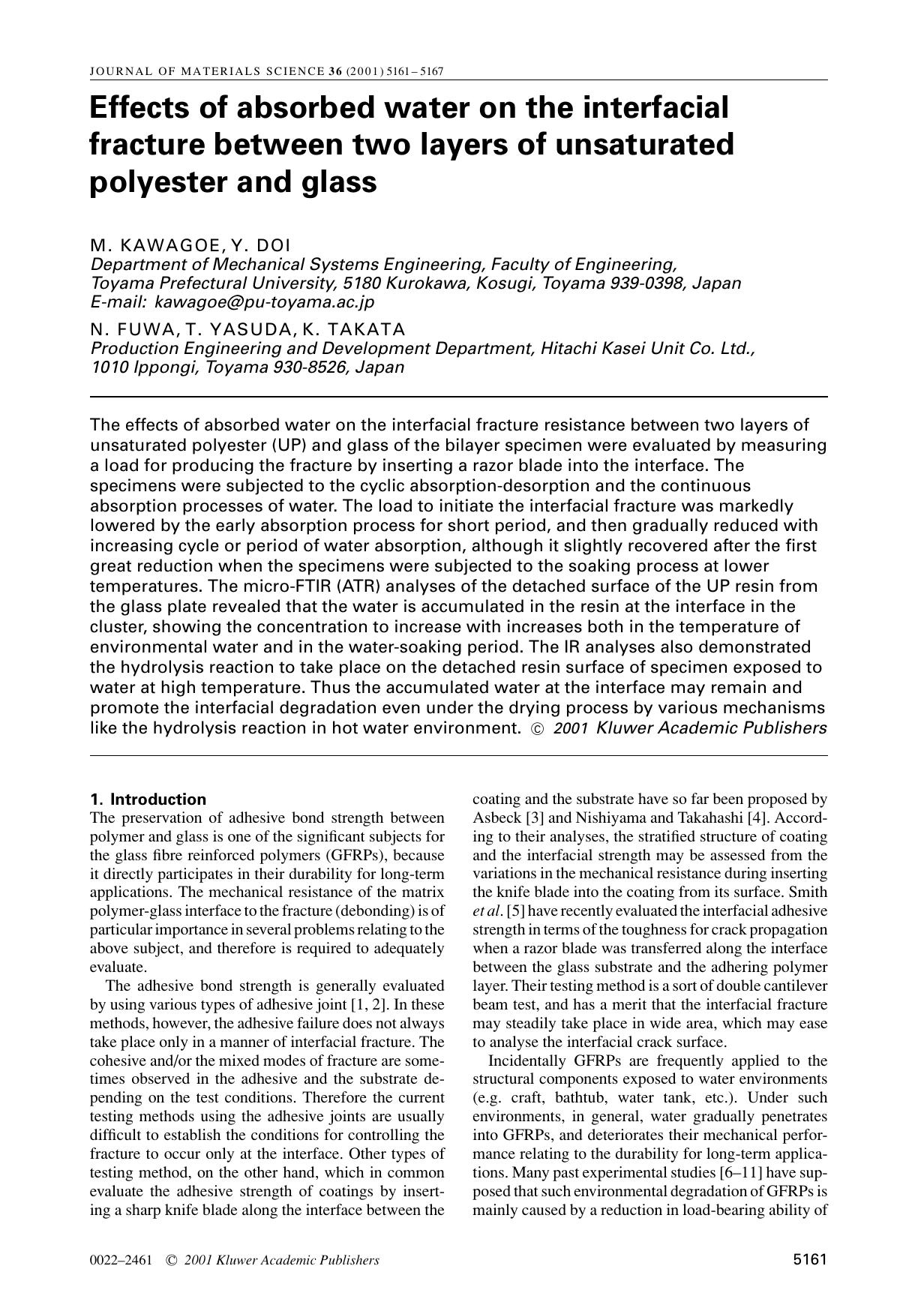 Effects of absorbed water on the interfacial fracture between two layers of unsaturated polyester and glass by Unknown