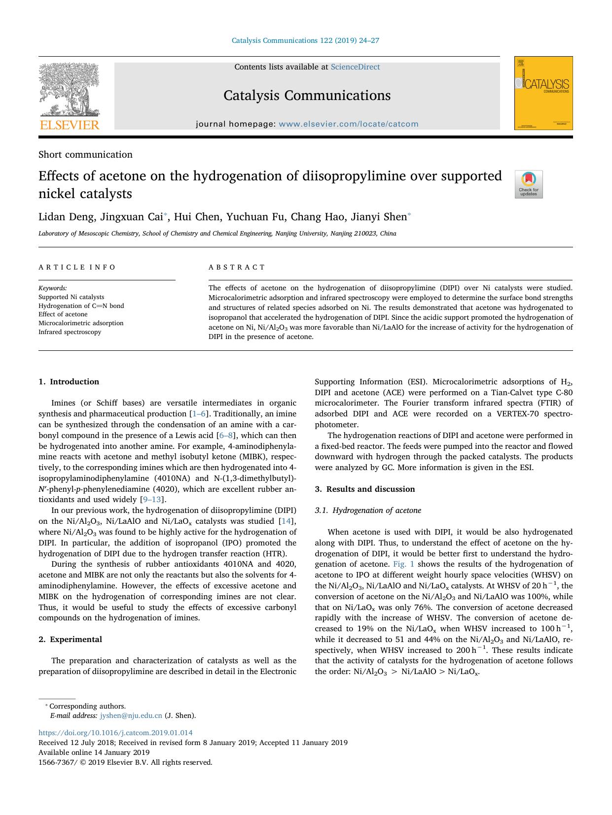 Effects of acetone on the hydrogenation of diisopropylimine over supported nickel catalysts by Lidan Deng & Jingxuan Cai & Hui Chen & Yuchuan Fu & Chang Hao & Jianyi Shen