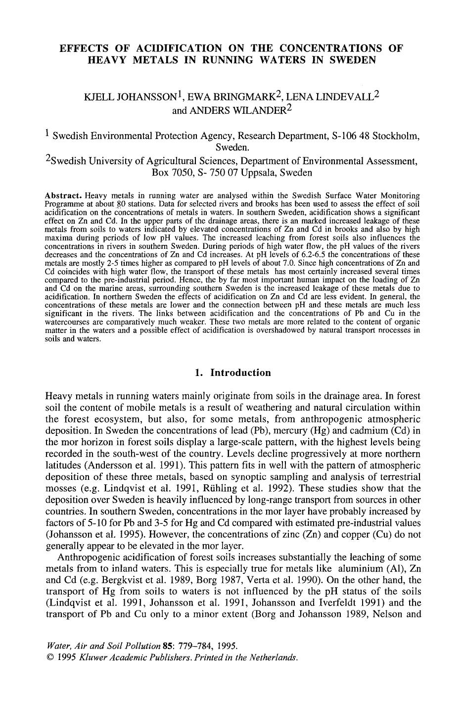 Effects of acidification on the concentrations of heavy metals in running waters in Sweden by Unknown