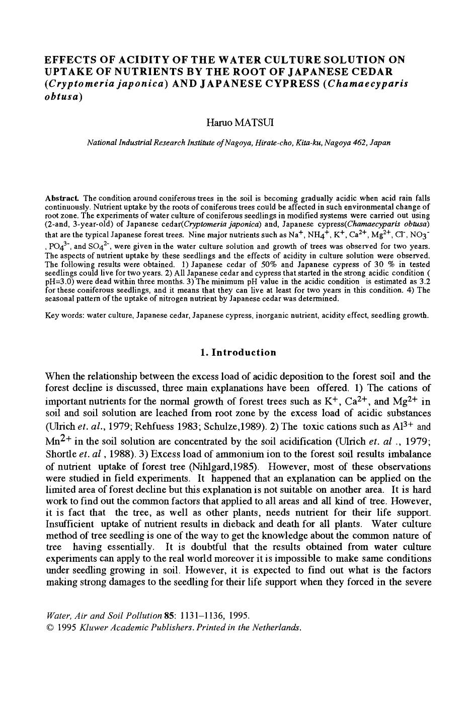 Effects of acidity of the water culture solution on uptake of nutrients by the root of Japanese cedar (<Emphasis Type="Italic">Cryptomeria japonica<Emphasis>) and Japanese cypress by Unknown