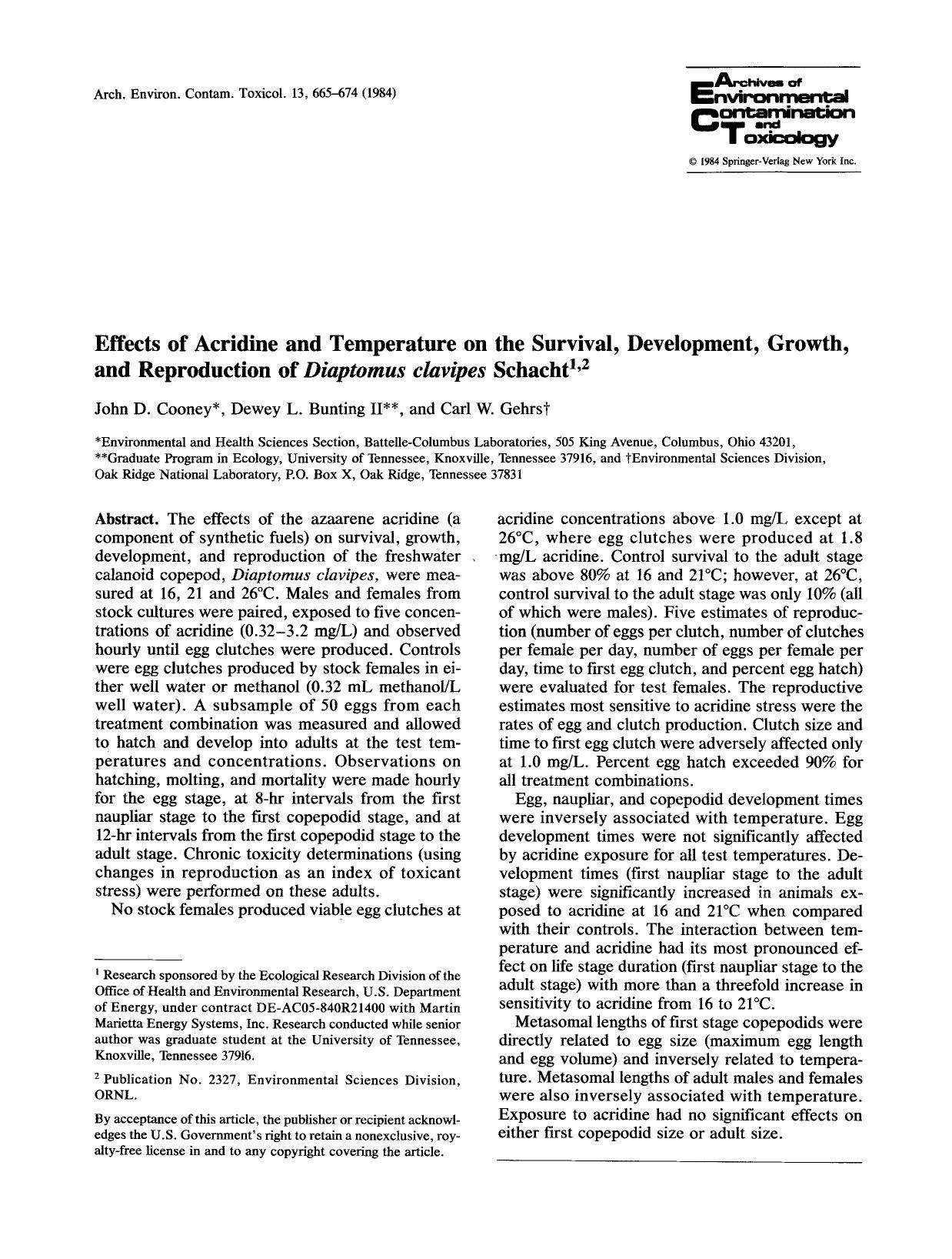 Effects of acridine and temperature on the survival, development, growth, and reproduction of <Emphasis Type="Italic">Diaptomus clavipes <Emphasis> schacht by Unknown