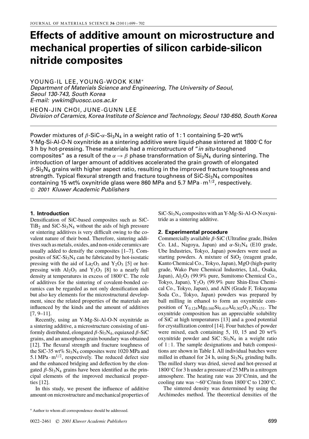 Effects of additive amount on microstructure and mechanical properties of silicon carbide-silicon nitride composites by Unknown