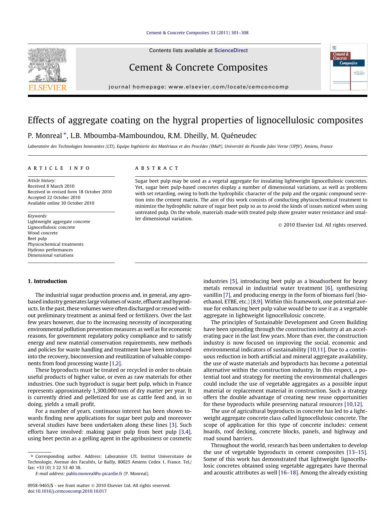 Effects of aggregate coating on the hygral properties of lignocellulosic composites by P. Monreal & L.B. Mboumba-Mamboundou & R.M. Dheilly & M. Quéneudec