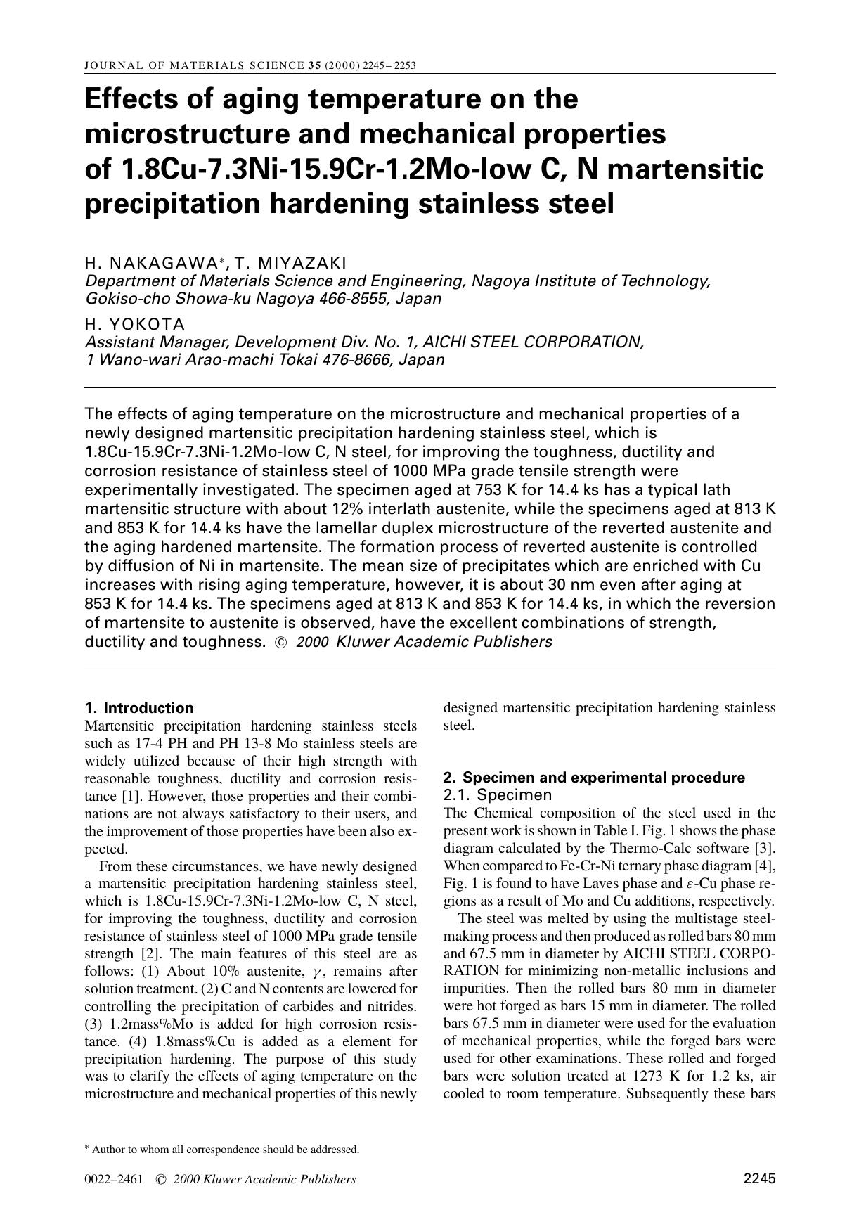 Effects of aging temperature on the microstructure and mechanical properties of 1.8Cu-7.3Ni-15.9Cr-1.2Mo-low C, N martensitic precipitation hardening stainless steel by Unknown