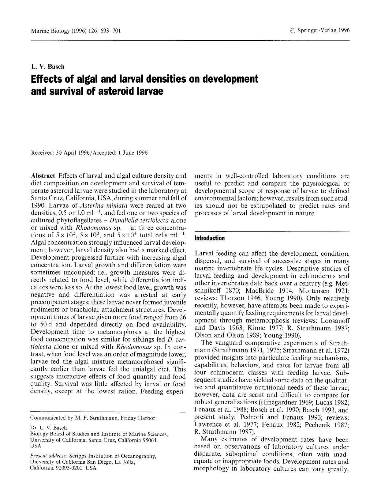 Effects of algal and larval densities on development and survival of asteroid larvae by Unknown