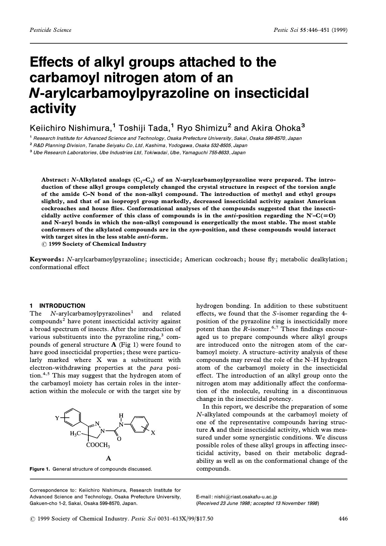 Effects of alkyl groups attached to the carbamoyl nitrogen atom of an Narylcarbamoylpyrazoline on insecticidal activity by Unknown