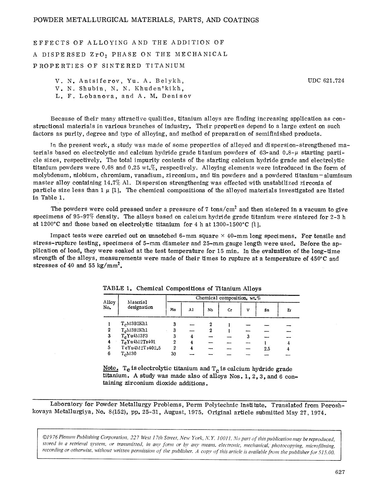 Effects of alloying and the addition of a dispersed ZrO <Subscript>2 <Subscript> phase on the mechanical properties of sintered titanium by Unknown